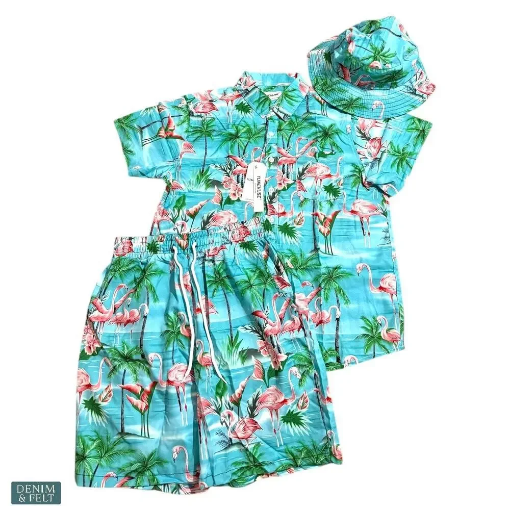 TUNEVUSE Boys Flamingo‎ 3pc Cabana Set Shirt Shorts Hat Beach Vacation NEW~NWT!!